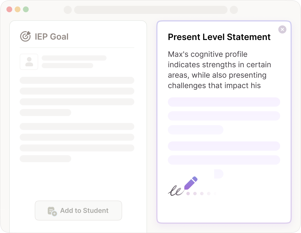 AbleSpace AI suggesting an IEP goal aligned to state standards