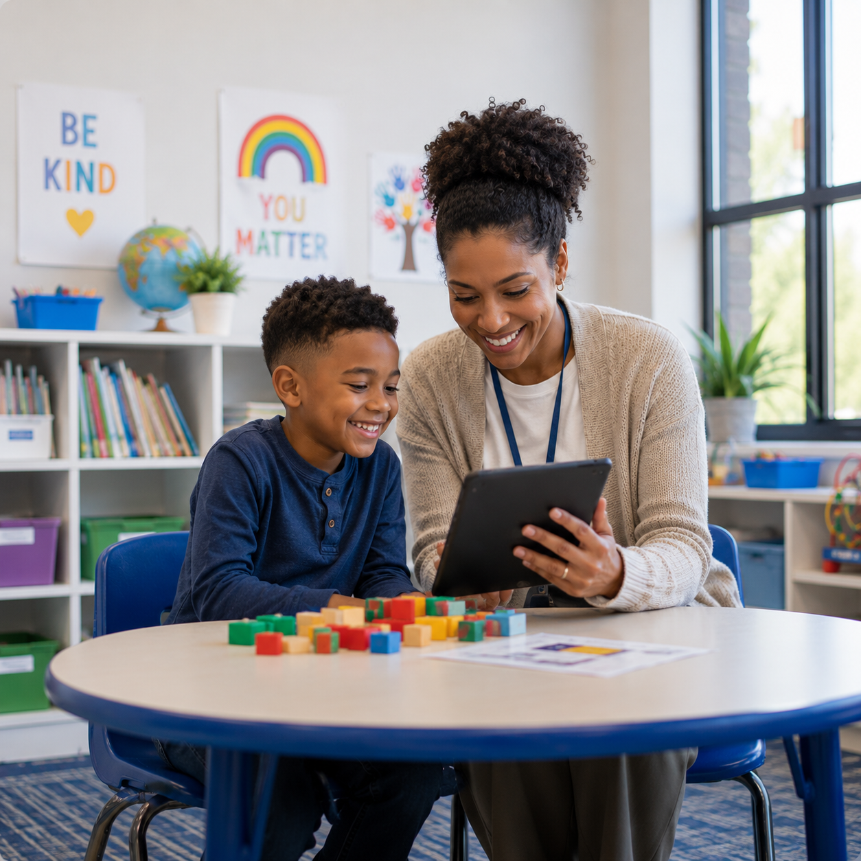 Special education teacher working one-on-one with a student using a tablet